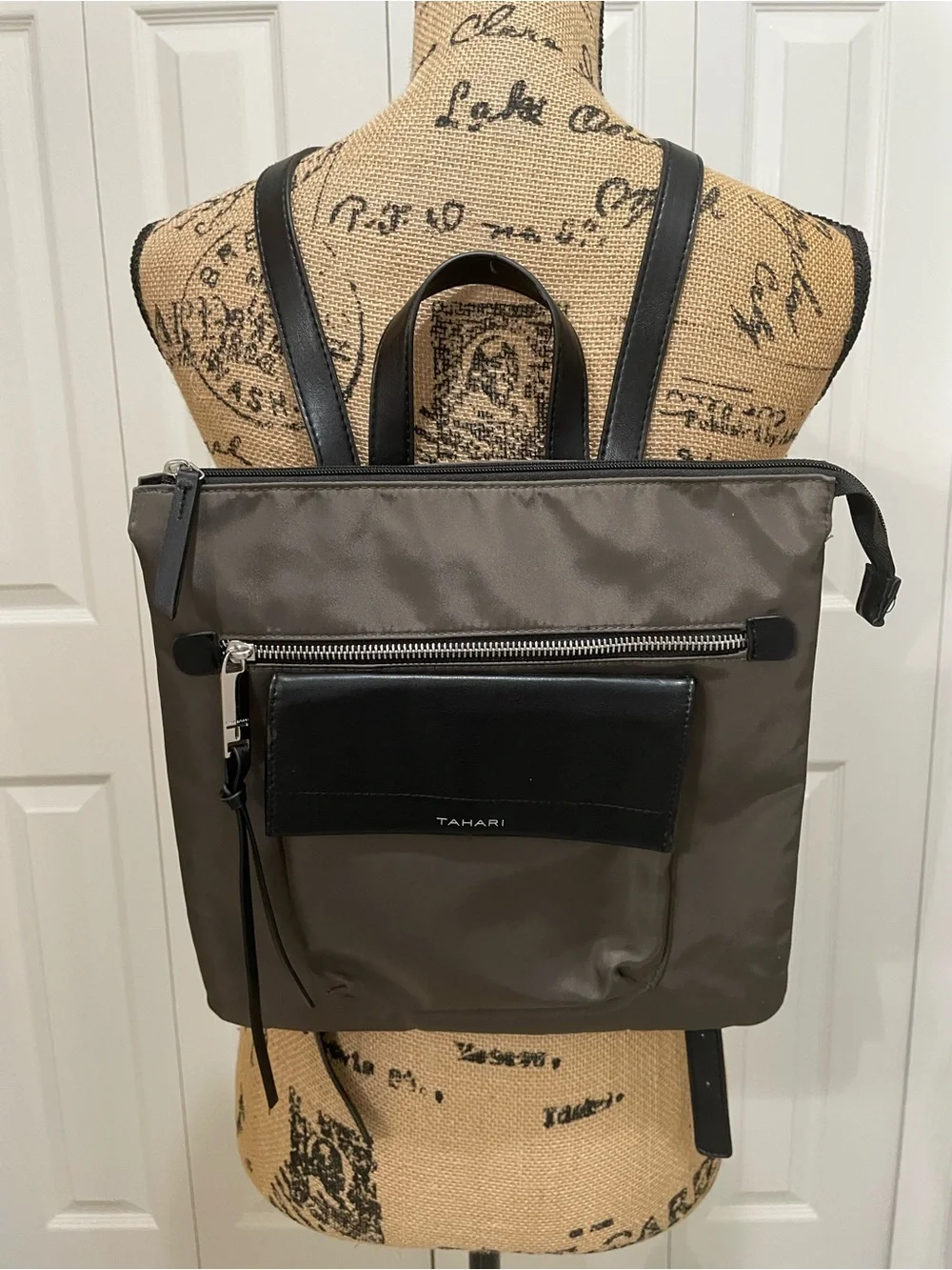 Tahari Taupe Nylon Backpack Tote with Black Leather Trim